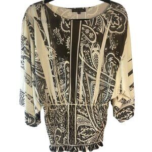blouse shirt design works black white pattern kimono style sleeves Med READ